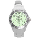 Illustration Of Butterflies And Flowers Ornament On Green Background Round Plastic Sport Watch (L) Front