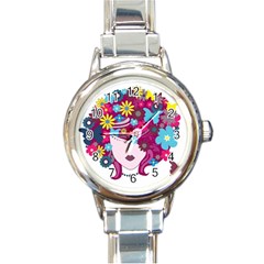 Beautiful Gothic Woman With Flowers And Butterflies Hair Clipart Round Italian Charm Watch