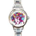 Beautiful Gothic Woman With Flowers And Butterflies Hair Clipart Round Italian Charm Watch Front