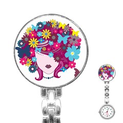 Beautiful Gothic Woman With Flowers And Butterflies Hair Clipart Stainless Steel Nurses Watch by BangZart