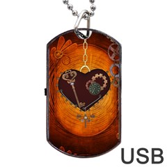 Steampunk, Heart With Gears, Dragonfly And Clocks Dog Tag Usb Flash (one Side) by FantasyWorld7