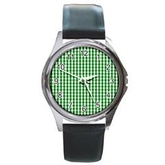 Christmas Green Velvet Large Gingham Check Plaid Pattern Round Metal Watch