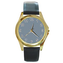 Silent Night Blue Mini Gingham Check Plaid Round Gold Metal Watch