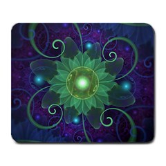 Glowing Blue-green Fractal Lotus Lily Pad Pond Large Mousepads by jayaprime