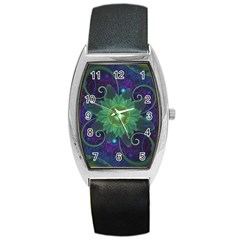 Glowing Blue-green Fractal Lotus Lily Pad Pond Barrel Style Metal Watch by jayaprime