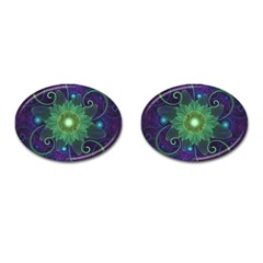 Glowing Blue-green Fractal Lotus Lily Pad Pond Cufflinks (oval) by jayaprime