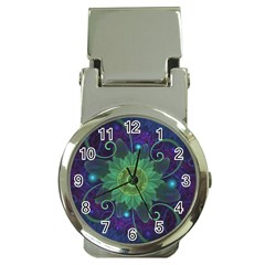Glowing Blue-green Fractal Lotus Lily Pad Pond Money Clip Watches by jayaprime