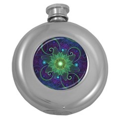 Glowing Blue-green Fractal Lotus Lily Pad Pond Round Hip Flask (5 Oz) by jayaprime