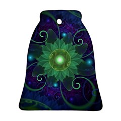 Glowing Blue-green Fractal Lotus Lily Pad Pond Ornament (bell) by jayaprime