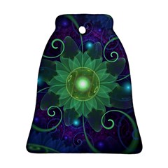 Glowing Blue-green Fractal Lotus Lily Pad Pond Bell Ornament (two Sides)