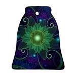 Glowing Blue-Green Fractal Lotus Lily Pad Pond Bell Ornament (Two Sides) Front