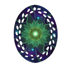 Glowing Blue-green Fractal Lotus Lily Pad Pond Oval Filigree Ornament (two Sides) by jayaprime