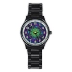 Glowing Blue-Green Fractal Lotus Lily Pad Pond Stainless Steel Round Watch Front