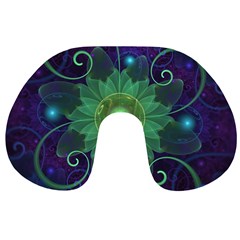 Glowing Blue-green Fractal Lotus Lily Pad Pond Travel Neck Pillows by jayaprime