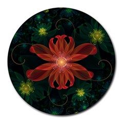 Beautiful Red Passion Flower In A Fractal Jungle Round Mousepads by jayaprime