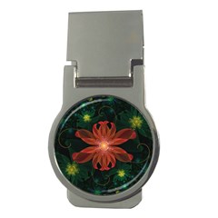 Beautiful Red Passion Flower In A Fractal Jungle Money Clips (round)  by jayaprime