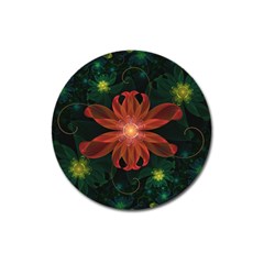 Beautiful Red Passion Flower In A Fractal Jungle Magnet 3  (round) by jayaprime