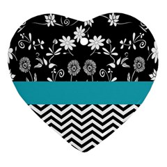 Flowers Turquoise Pattern Floral Heart Ornament (two Sides) by BangZart