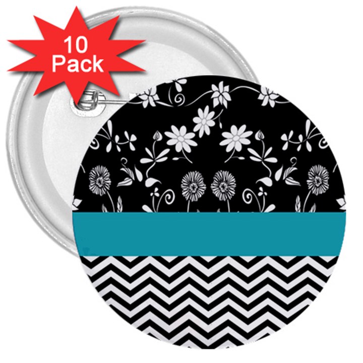 Flowers Turquoise Pattern Floral 3  Buttons (10 pack) 