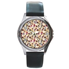 Random Leaves Pattern Background Round Metal Watch by BangZart