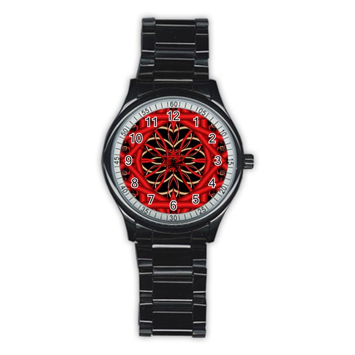 Fractal Wallpaper With Red Tangled Wires Stainless Steel Round Watch