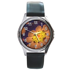 Beautiful Violet & Peach Primrose Fractal Flowers Round Metal Watch by jayaprime