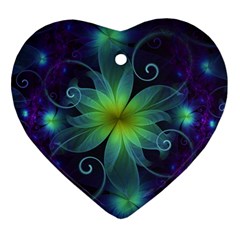 Blue And Green Fractal Flower Of A Stargazer Lily Ornament (heart) by jayaprime