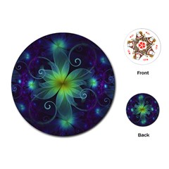 Blue And Green Fractal Flower Of A Stargazer Lily Playing Cards (round)  by jayaprime
