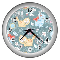 Cute Cat Background Pattern Wall Clocks (silver)  by BangZart