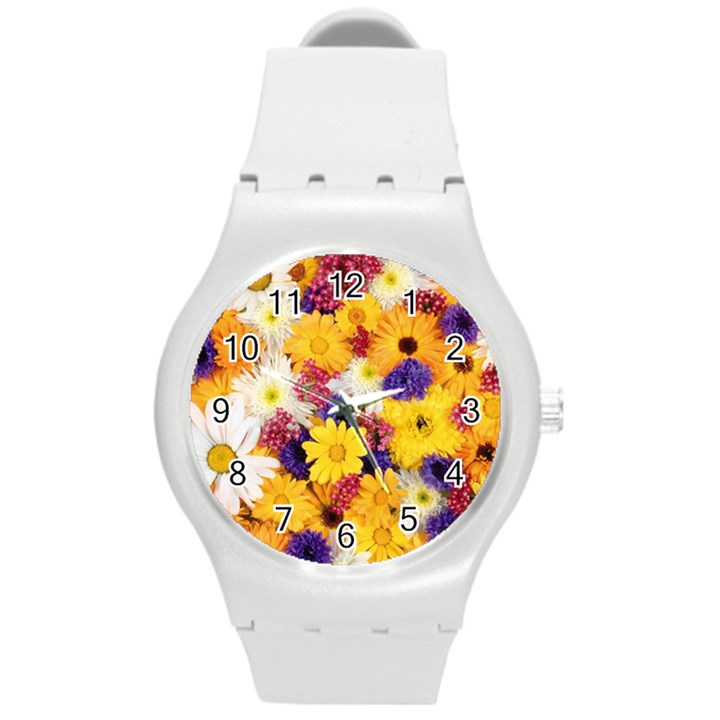 Colorful Flowers Pattern Round Plastic Sport Watch (M)