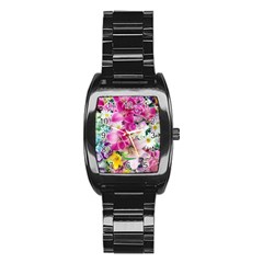 Colorful Flowers Patterns Stainless Steel Barrel Watch