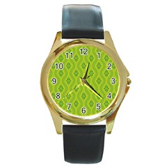 Decorative Green Pattern Background  Round Gold Metal Watch