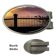 Small Bird Over Fence Backlight Sunset Scene Money Clips (oval)  by dflcprints