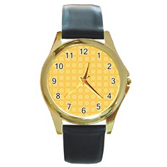 Yellow Pattern Background Texture Round Gold Metal Watch by BangZart