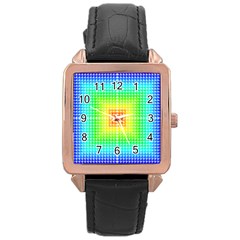 Square Rainbow Pattern Box Rose Gold Leather Watch 