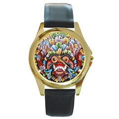 Wood Sculpture Bali Logo Round Gold Metal Watch by BangZart