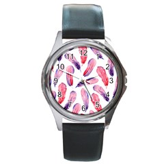 Watercolor Pattern With Feathers Round Metal Watch by BangZart