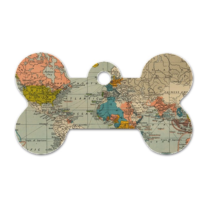 Vintage World Map Dog Tag Bone (Two Sides)