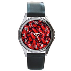 The Red Butterflies Sticking Together In The Nature Round Metal Watch by BangZart