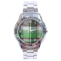 Plaid Fabric Texture Brown And Green Stainless Steel Analogue Watch by BangZart