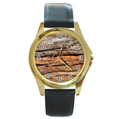 Natural Wood Texture Round Gold Metal Watch