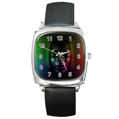 Digital Art Psychedelic Face Skull Color Square Metal Watch by BangZart