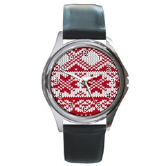 Crimson Knitting Pattern Background Vector Round Metal Watch by BangZart