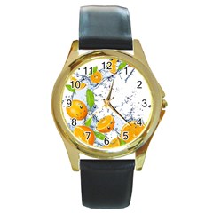 Fruits Water Vegetables Food Round Gold Metal Watch by BangZart