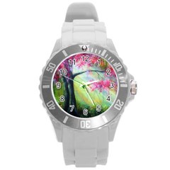 Forests Stunning Glimmer Paintings Sunlight Blooms Plants Love Seasons Traditional Art Flowers Sunsh Round Plastic Sport Watch (l)