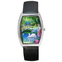 Swan Bird Spring Flowers Trees Lake Pond Landscape Original Aceo Painting Art Barrel Style Metal Watch by BangZart