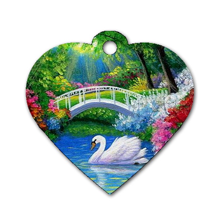 Swan Bird Spring Flowers Trees Lake Pond Landscape Original Aceo Painting Art Dog Tag Heart (One Side)
