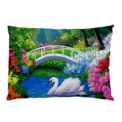 Swan Bird Spring Flowers Trees Lake Pond Landscape Original Aceo Painting Art Pillow Case (two Sides) by BangZart