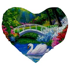 Swan Bird Spring Flowers Trees Lake Pond Landscape Original Aceo Painting Art Large 19  Premium Heart Shape Cushions by BangZart