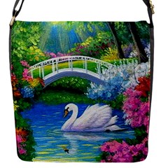 Swan Bird Spring Flowers Trees Lake Pond Landscape Original Aceo Painting Art Flap Messenger Bag (s)